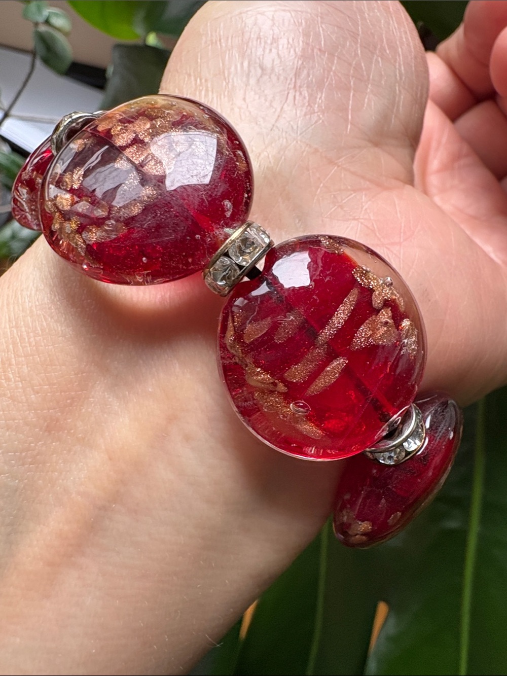 Vintage Murano-Style Red Aventurine Glass Bead Stretch Bracelet #247
